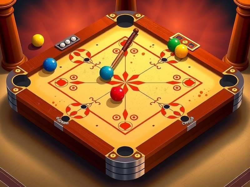 A competitive game of Carrom Pool being played on a wooden board