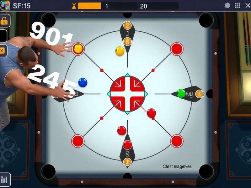 Carrom Pool digital board with striker and pieces in play