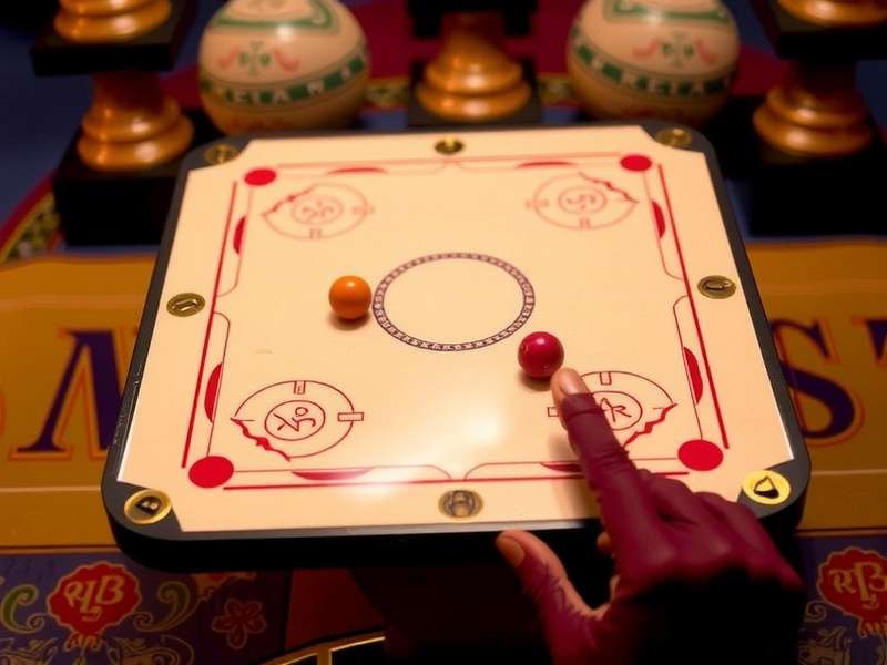 Official Carrom Board layout with coins and striker