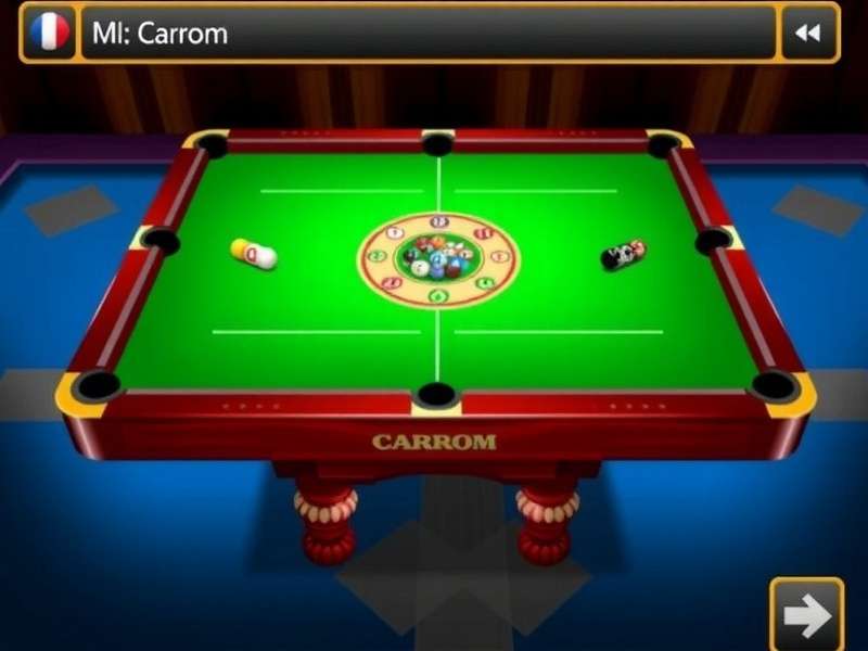 Carrom Pool board with discs and striker arranged for a trick shot