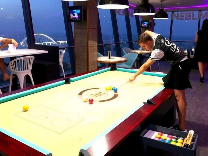 Carrom Pool Trick Shots Dubai Sky Bar — panoramic view of the playing arena with Burj Khalifa backdrop