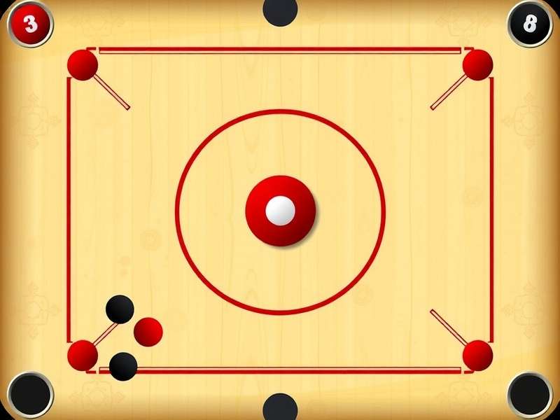 Carrom Pool trick shots game board with colorful discs and striker in action