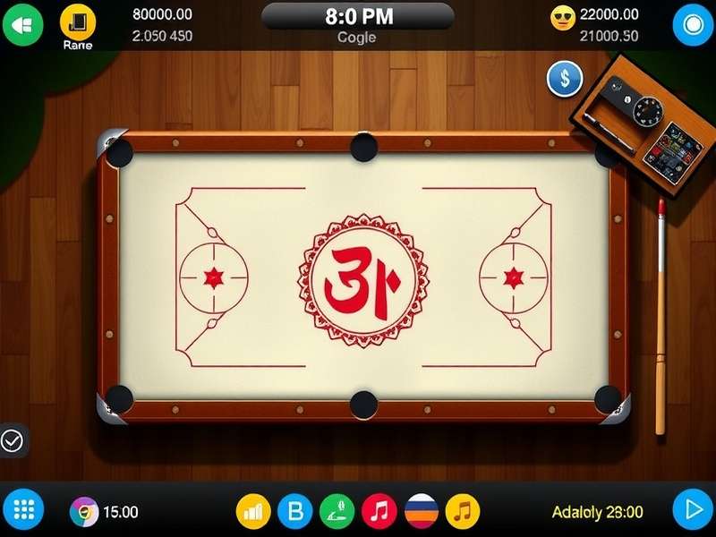 Carrom Pool board setup with discs and striker on a professional wooden board