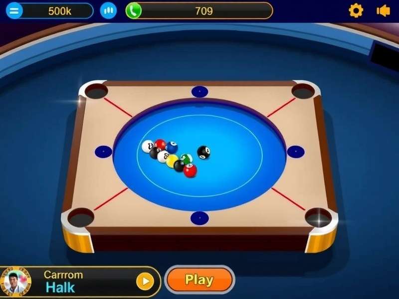 Carrom Pool disc game board with coins and striker in action