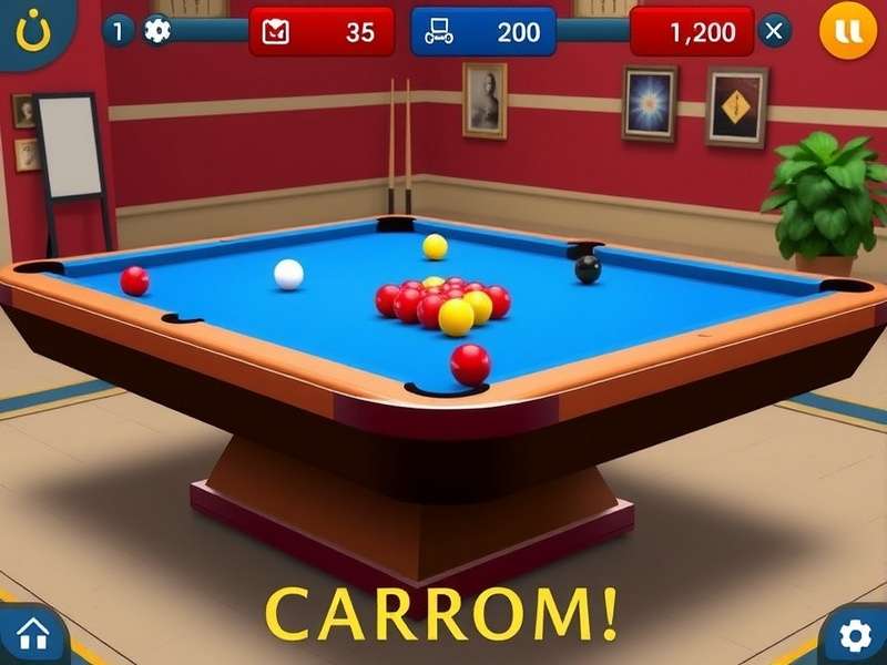 Carrom Pool game board with striker and discs arranged for play