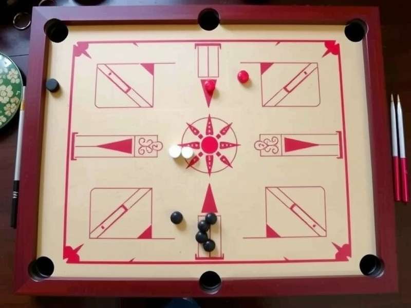 Carrom Pool board setup with coins and striker - கேரம் பூல் பலகை அமைப்பு