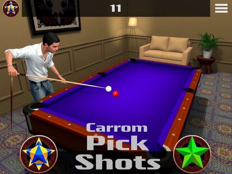 Carrom Pool Trick Shots Disc Pool board with striker and coins arranged for a trick shot
