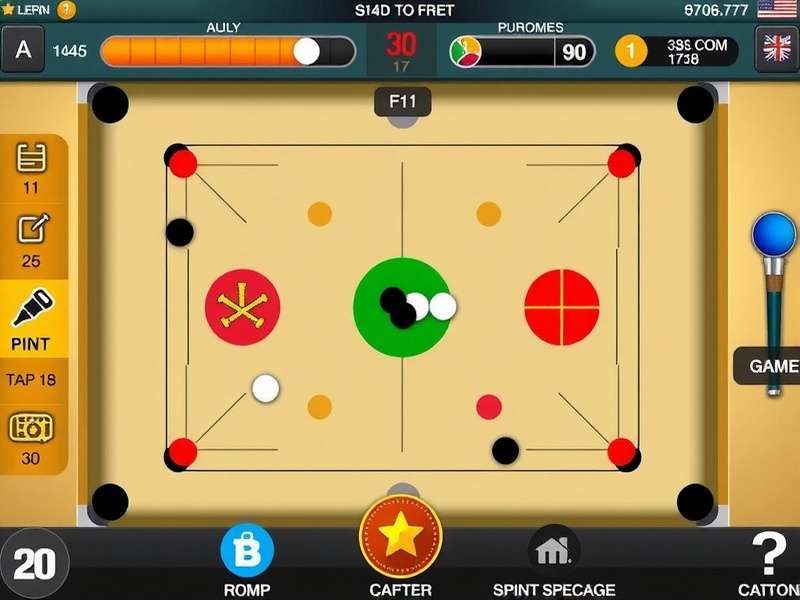 Carrom Pool game interface displayed on a PC monitor with disc board and coins
